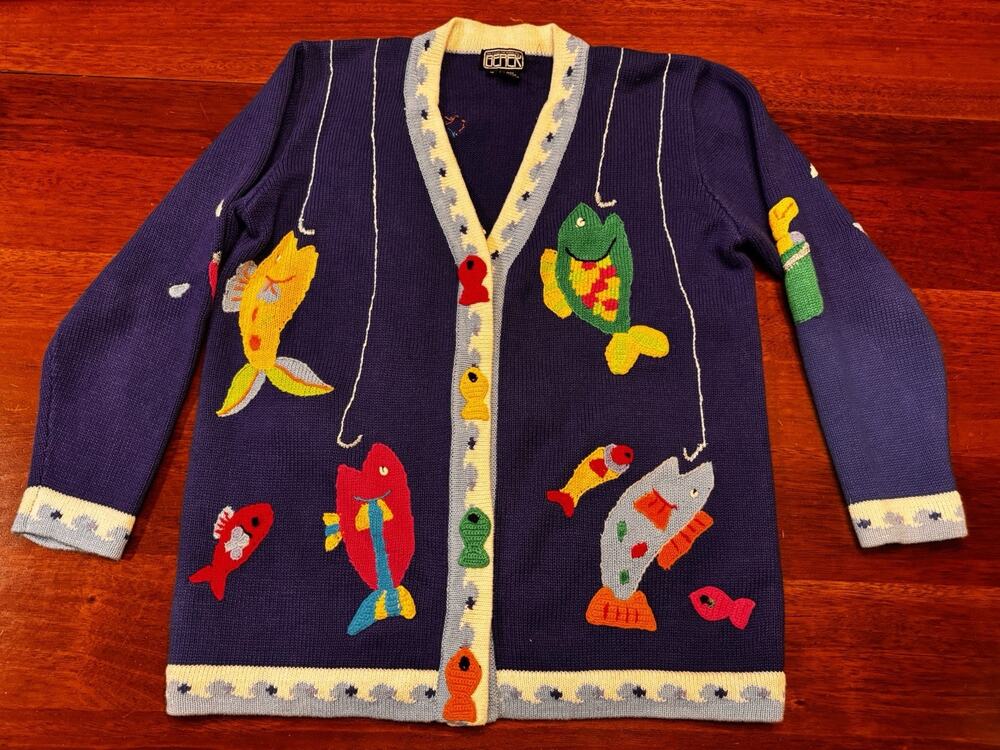 Berek Vintage Sweater Novelty Fishing Fish Girls 3d Crazy